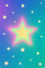"Vibrant pastel galaxy background with a large glowing five-pointed star surrounded by smaller yellow stars. The colors transition from purple/pink at the top to bright teal/aqua blue at the bottom.