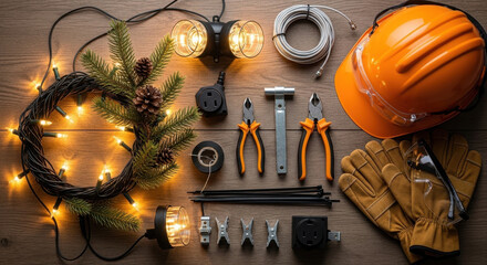 Professional Christmas light installation service tools on wooden surface, featuring safety helmet, glowing string lights, pine branches, and pliers