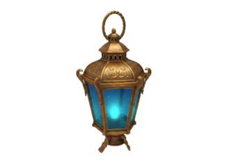 Decorative Antique Brass Lantern with Glowing Blue Glass