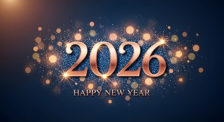 Happy new year 2026 celebration banner with rose gold numbers and sparkling glitter bokeh background