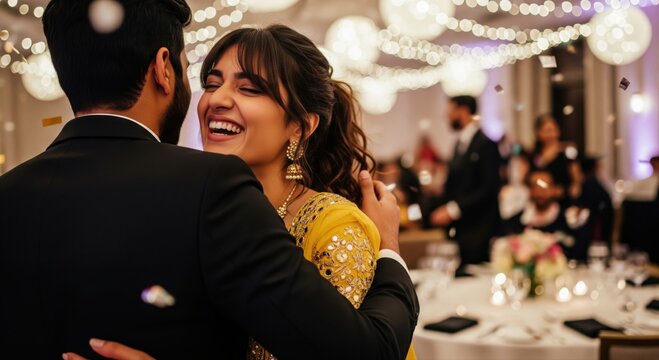 A young Indian couple lovingly embraces and smiles at each other during a romantic evening event