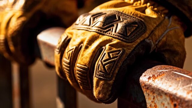 cinematic close up of fire resistant gloves gripping a railing with dramatic lighting, perfect for safety and health at work