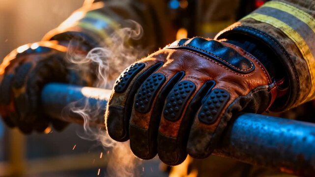 cinematic close up of fire resistant gloves gripping a railing with dramatic lighting, perfect for safety and health at work