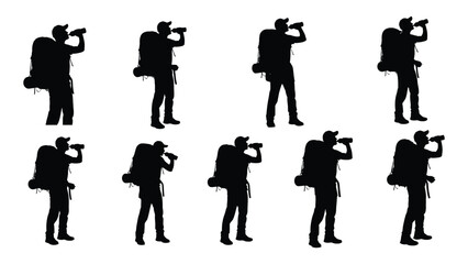 Hiker silhouettes hydrating isolated on white background, Vector