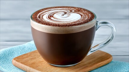 A close-up shot of a steaming glass mug filled with hot chocolate, topped with intricate latte art and foam, resting on a wooden board with a blue cloth.
