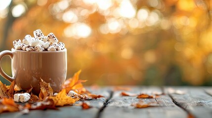 A close-up of a brown mug filled with hot chocolate and marshmallows, placed on a rustic wooden table. The mug is surrounded by fallen autumn leaves in warm col
