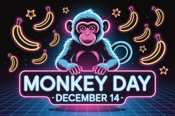 Monkey Day neon illustration featuring a cartoon monkey and bananas a fun design for December 14th celebrations