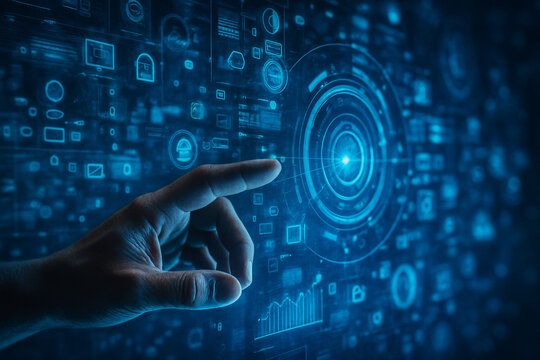 AI generated hand interacting with glowing holographic interface in a cyber tech environment showing data icons energy rings and virtual commands creating a sense of innovation speed connection
