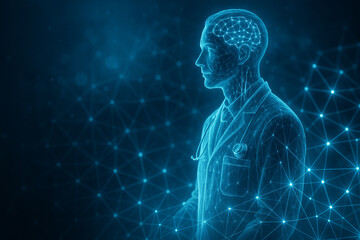 AI generated sci fi medical concept glowing digital human doctor formed by neural network lines and blue cyber light symbolizing advanced health technology intelligence and future innovation