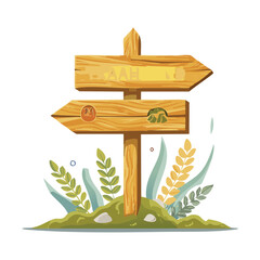 Triple arrow wooden signpost standing in a sunny field of yellow wildflowers flat vector illustration design
