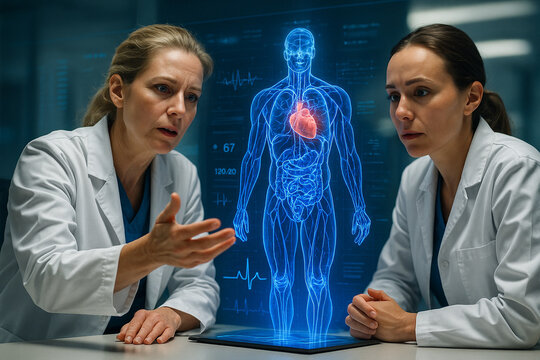 AI generated two female doctors analyzing a glowing 3D human body hologram with heart and vascular data floating graphs and vital signs creating a precise futuristic and focused healthcare atmosphere