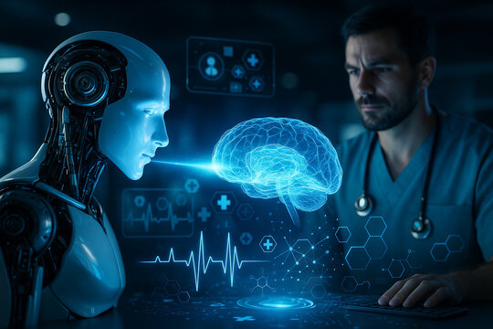 AI generated futuristic medical scene glowing digital brain linking with an advanced AI robot and medical data elements symbolizing precision science innovation and next generation healthcare systems