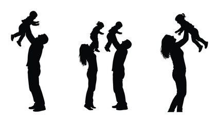 Family silhouettes playing with children isolated on white background, Vector