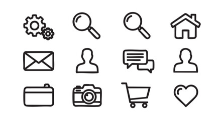 Set of black and white vector icons for settings and communication