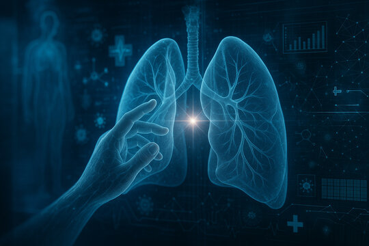 AI generated transparent human lung hologram surrounded by digital data panels glowing particles and medical symbols conveying precision advanced diagnostics future health technology