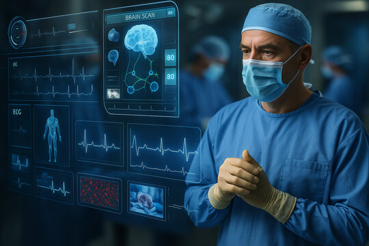 AI generated future medical scene showing surgeons interacting with layered holographic data brain scan ecg and realtime bio signals in a smart surgery room creating a mood of precision safety