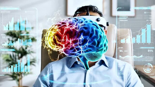 Person wearing a headset with a glowing brain graphic overlaid, data visualizations displayed