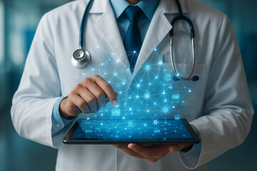 AI generated doctor using a tablet with glowing holographic data network representing advanced medical analysis innovation and real time health information in a clean modern setting