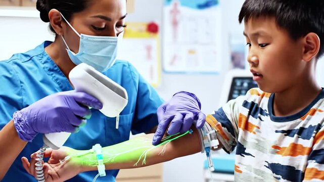 A healthcare worker uses a vein finder on a young boy&rsquo;s arm, highlighting veins