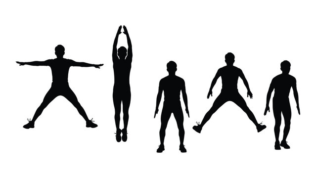Jumping jack exercise silhouettes isolated on white background, Vector