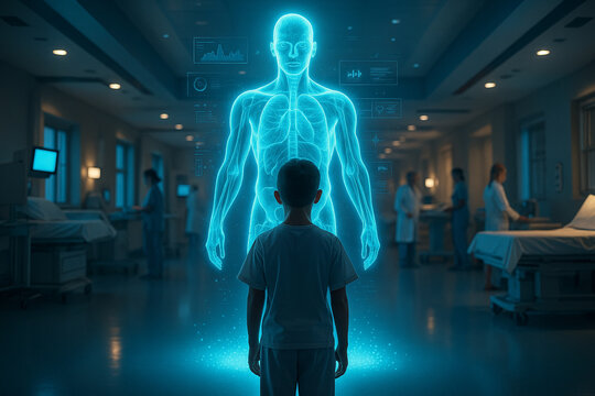 AI generated child standing before a glowing full body hologram showing anatomy neural paths and biometric data in a futuristic medical ward symbolizing advanced diagnostics hope innovation