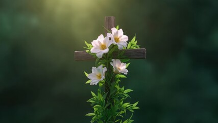 White lily wooden cross green vine morning light soft bokeh nature background spring bloom floral detail faith christian