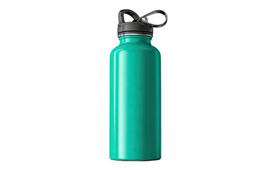 Teal metal water bottle with black cap & handle on black background