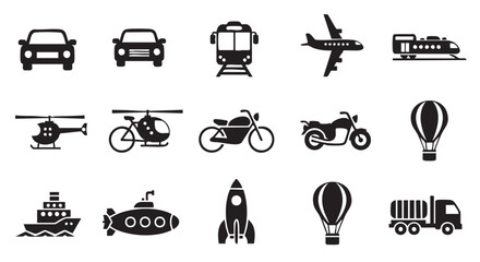 Set of transportation icons including cars helicopters ships and submarine