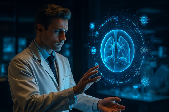 AI generated futuristic medical scene scientist analyzing a glowing 3D organ hologram with advanced digital data creating a modern atmosphere of precision innovation and deep scientific focus