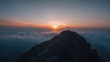 Sunrise mountain cross silhouette cloud sky dawn faith christian peace weave into serene view of sunrise over cloud sea atop rugged peak with cross, gentle light evokes quiet hope and devotion