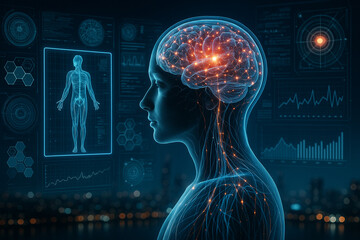 AI generated digital scene glowing human profile with illuminated neural pathways surrounded by holographic anatomy panels brain activity maps molecular diagrams and advanced health analytics