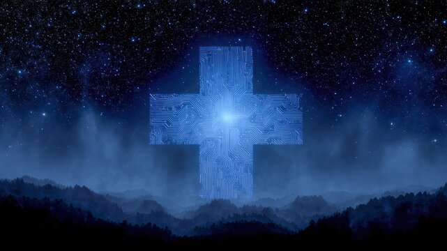 Night sky star cross digital circuit blue mist mountain landscape silhouette luminous digital cross with circuit pattern glows star filled night sky above misty mountain landscape, evoking quiet - Powered by Adobe