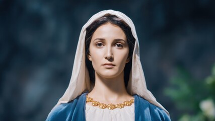 Serene woman portrait blue cloak white veil gold necklace soft light sacred art calm face devotion faith reverence solemn mood gentle gaze classical style tranquil aura spiritual theme