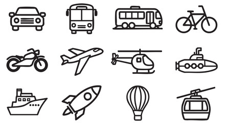 Transportation icon set with car bus motorcycle airplane ship and rocket
