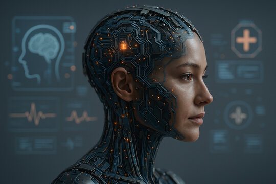 AI generated sci fi portrait blending human form with advanced circuitry glowing data streams and digital hud elements creating a calm precise futuristic atmosphere that reflects intelligence - Powered by Adobe