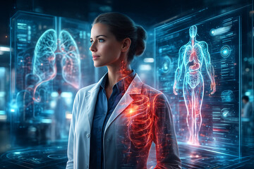 AI generated female doctor standing before glowing holographic anatomy with blue and red biometric visuals symbolizing advanced diagnostics precision intelligence the future of high tech healthcare