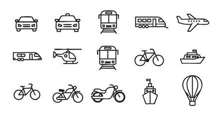 Transportation Vehicles Icon Set in Black and White Detailed Outlines