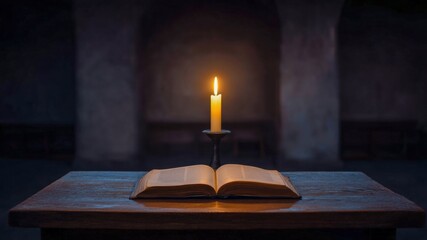 Candle book altar church night glow faith christian prayer worship religion scripture holy sanctuary silence solitude flame wax light shadow darkness hope peace devotion reflection spirituality