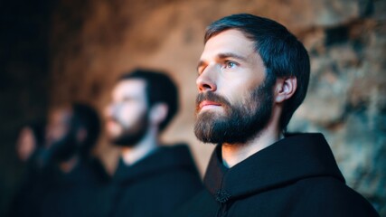 Faith monk portrait bearded man brown robe monastery stone wall soft light shallow focus serene mood devotion christian hope fill calm heart