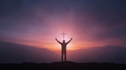Silhouette man worship cross sunrise mountain sky hope prayer faith