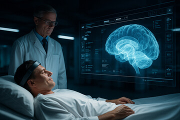 AI generated medical scene patient using a brain interface device while a doctor reviews a glowing holographic 3D brain scan symbolizing advanced diagnosis precision neurotechnology trust and future