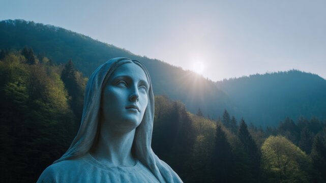 Serene statue marble sculpture virgin mary mountain landscape sunrise light forest valley blue sky morning glow peaceful faith christian devotion. Serene statue and marble sculpture of virgin mary
