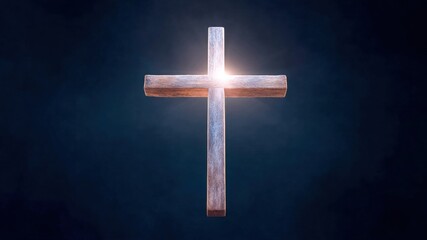 Wooden cross glowing light blue background spiritual symbol faith christian hope worship religion sacred