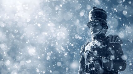 Ethereal statue of a regal figure cloaked in snow, standing tall amidst a winter wonderland flurry.