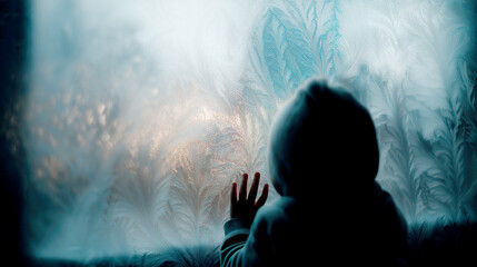 Child Looking Through a Frosty Winter Window with Handprint