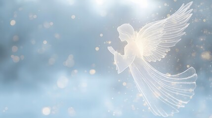 Serene angelic figure, ethereal and luminous, gracefully ascending amidst a celestial, bokeh backdrop.