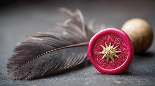 Christmas Star Wax Seal with Feather and Gold Ball on Dark Surface