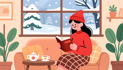Fototapeta premium Cozy Winter Home Reading Scene for Woman
