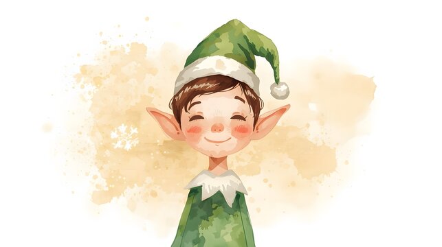 Watercolor depiction of a happy elf wearing a green hat and tunic, radiating holiday cheer and joy.