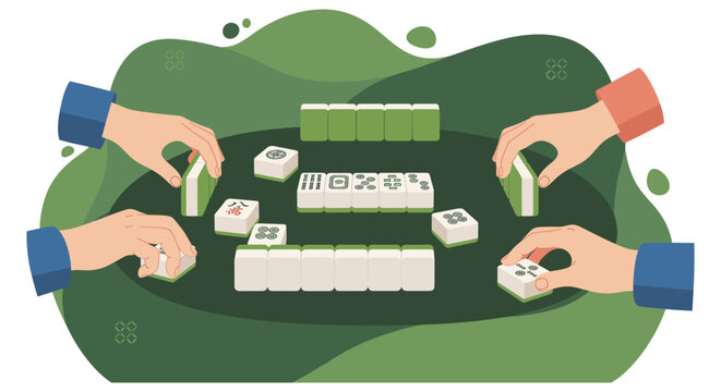 An illustration depicts a friendly game of mahjong, with hands arranging tiles on a green table, promoting social interaction and leisure.